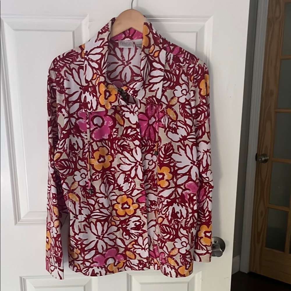 Chico's Floral Utility Jacket in Burgundy, Pink & Mustard
